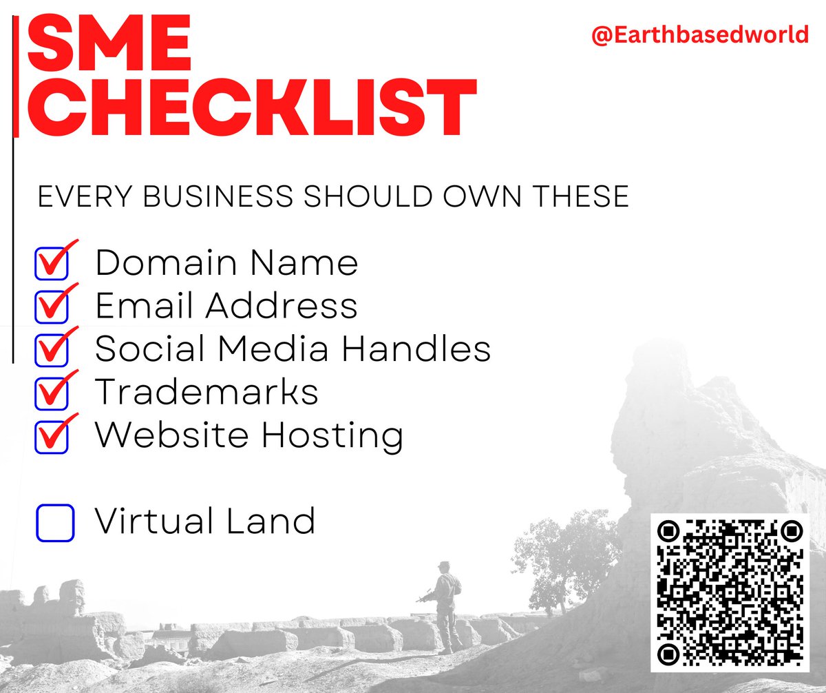 Earthbasedworld's tweet photo. When you run a small business there's a standard checklist of what a business needs.

There is one extra item you should add.

Reserve your virtual land and protect its use, by making a single one-off payment.

#SME #SmallBusiness #smallbusinessowner https://t.co/elygmB2jSH