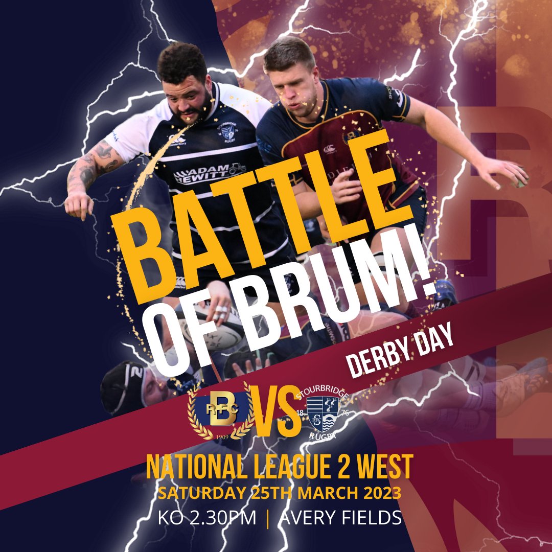 BvilleRFC's tweet photo. THE BATTLE OF BRUM RETURNS! 

Bournville host @StourbridgeRFC for another dose of local derby action! Both teams have much at stake and this derby day promises to be nothing short of a heated affair. 

Kick off 2.30pm - please get down to Avery Fields and get behind our lads! https://t.co/kinKLVYy4d