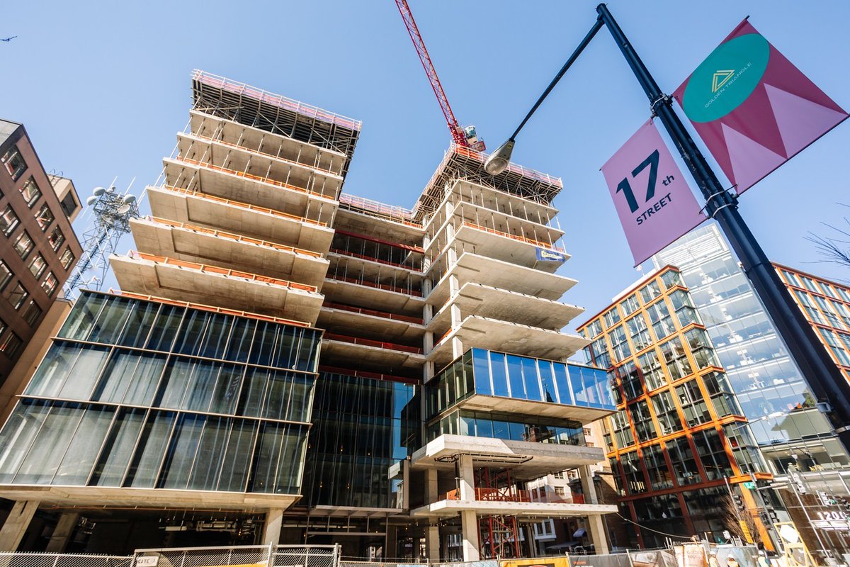 SkanskaUSA's tweet photo. We topped out at 17xM, an 11-story, 334,000-SF mixed-use development in DC’s central business district. With more than 170K man hours to date and slated to be the first SmartScore-certified office building in North America, it’s a #milestone worth celebrating. #ShapingOurFuture https://t.co/sh8gSr18SF