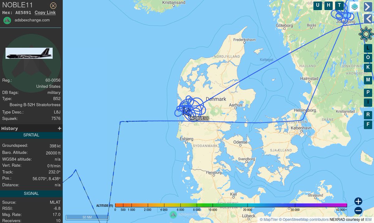 TheIntelFrog's tweet photo. USAF B-52 Stratofortress #AE5891 as NOBLE11 making some funky patterns in a hold over Denmark. https://t.co/vkQWEirl7R