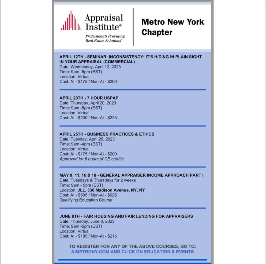 MetroNYChapter's tweet photo. The Metro New York Chapter of the Appraisal Institute offers a variety of seminars, continuing education, and qualifying education throughout the year. For more information or to register for these courses, please visit

https://t.co/hvubqtTKrP https://t.co/g74S7qC5Ho