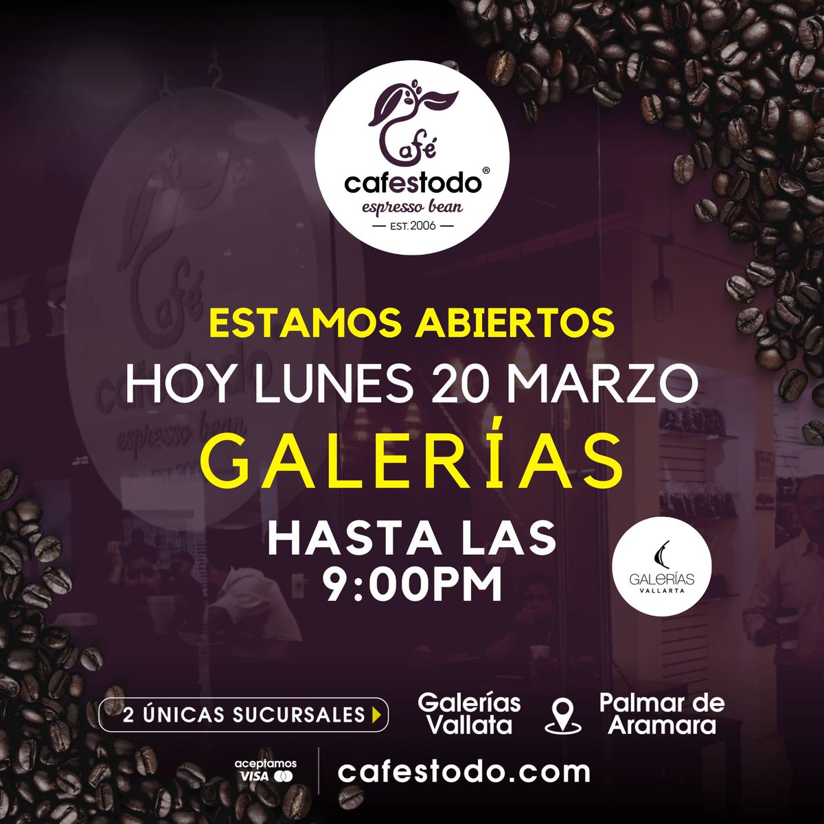 Estos serán los horarios que tendremos el día de hoy lunes 20 de marzo de 2023

🛍️ Galerías Vallarta
7:00 am - 9:00 pm
--------------------
🌴 Palmar de Aramara 
6:30 am - 2:00 pm 

El martes regresaremos con nuestro horarios habitual 

<a href="/cafestodo/">cafestodo</a> | Consiga un buen café!