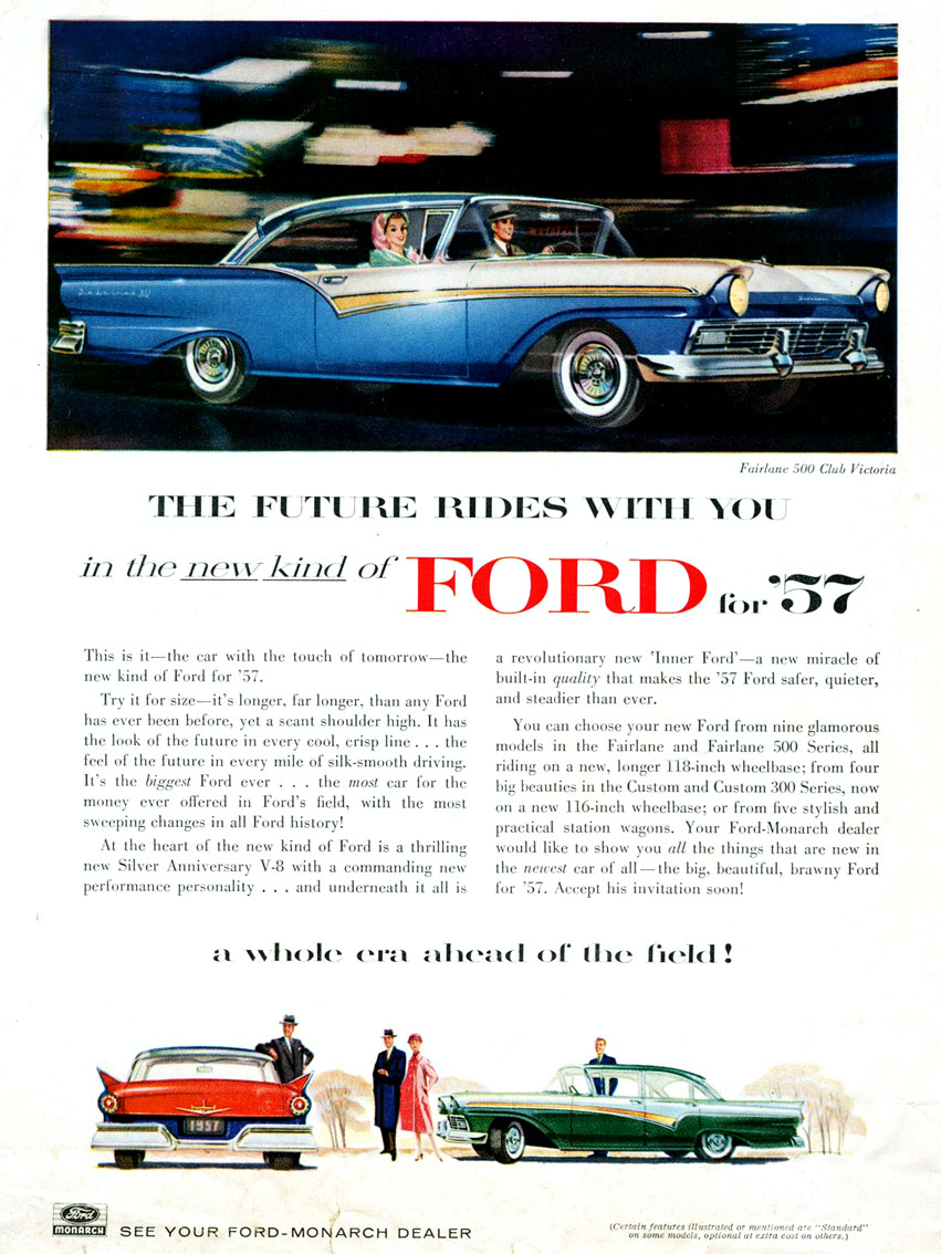 Mercomatic's tweet photo. 1957 #Ford #Fairlane500 #ClubVictoria 2-Dr HT; 312 cid #Thunderbird Special, 4 bbl, 245 hp; 2-speed Ford-o-Matic; Totally restyled Fords were considerably longer (9") and lower (5"), and had finally surrendered to the tail fin mania but called them "high canted fenders" https://t.co/HBrsvwNqwY