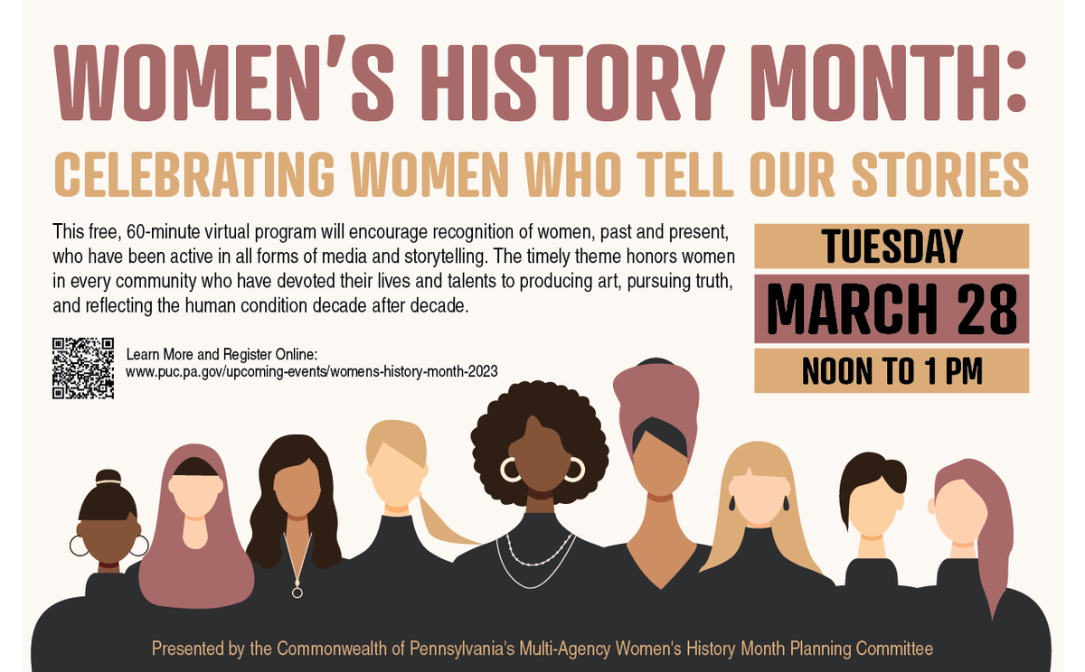 Join PA state agencies and OVA's own Ashley Walkowiak on Tues March 28 for a virtual Women's History Month celebration! 

Register at puc.pa.gov/upcoming-event… 

#WomensHistoryMonth #PAcelebrates #storytelling #womenwhotellourstories