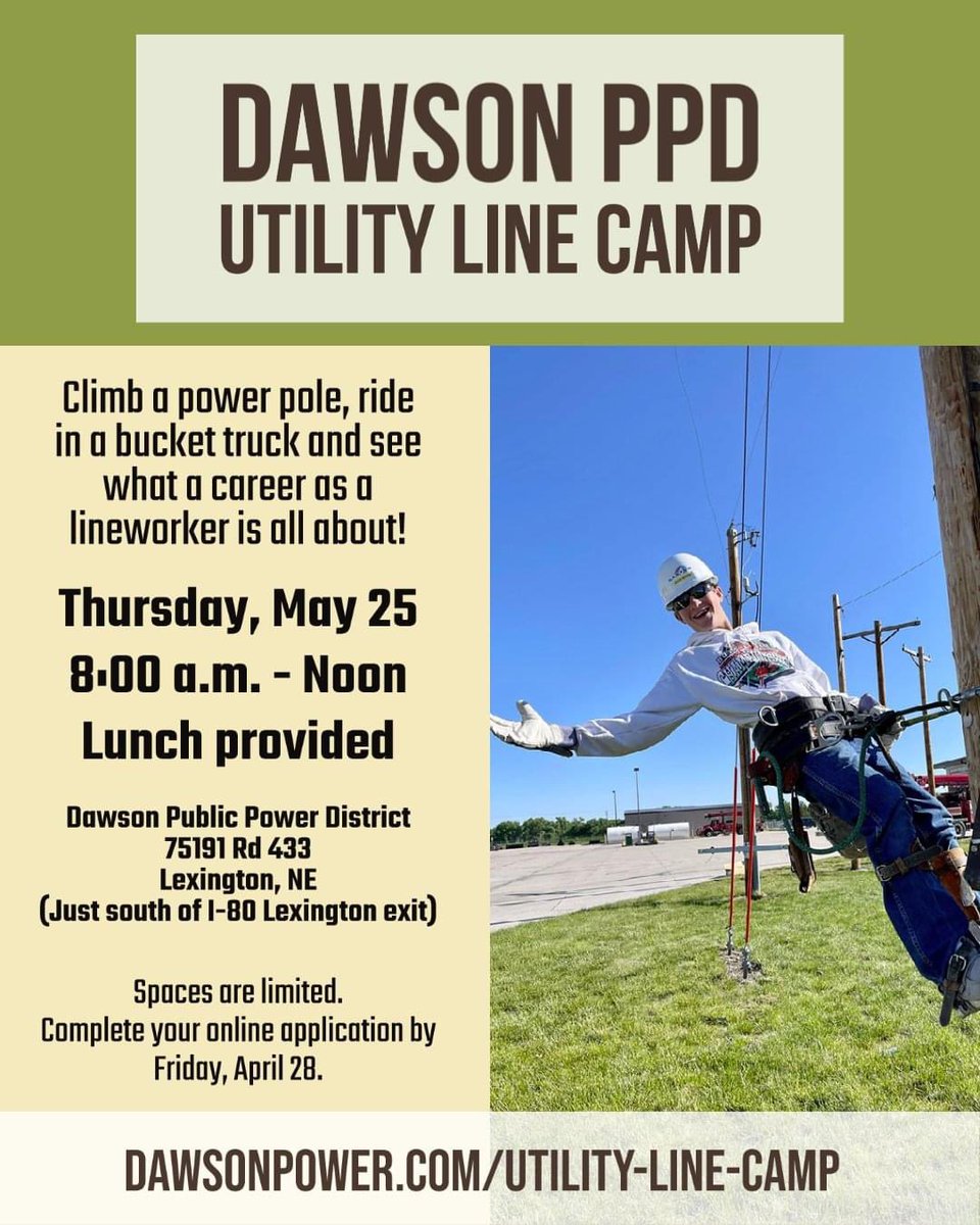 DawsonPower's tweet photo. Try out a career before you decide! Climb a pole, ride in a bucket truck, do some basic line work! https://t.co/ZVpuxtCbPv #lineman #utilityline #nreca #Nebraska #publicpower https://t.co/y0YcCDVGAY