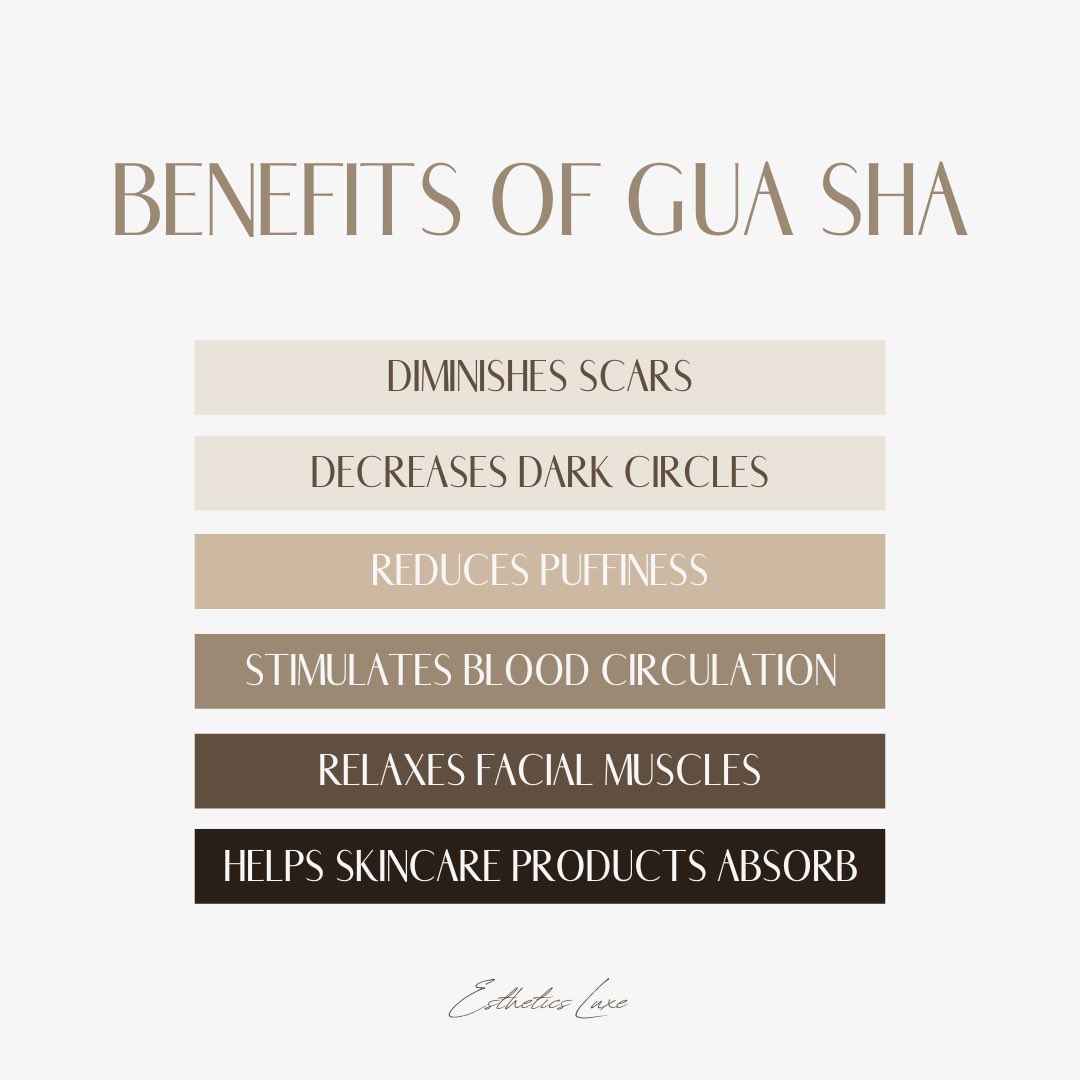 Some gua sha benefits 🫧🤍

#estheticsluxe #esthetics #esthetician #skintypes #combinationskin #oilyskin #dryskin #normalskin #sensitiveskin #sheetmask #sleepingmask #facemask #moisturize #hydration #AHA #BHA #dullness #dehydration #skintone #pores #sundamage #aging #guasha