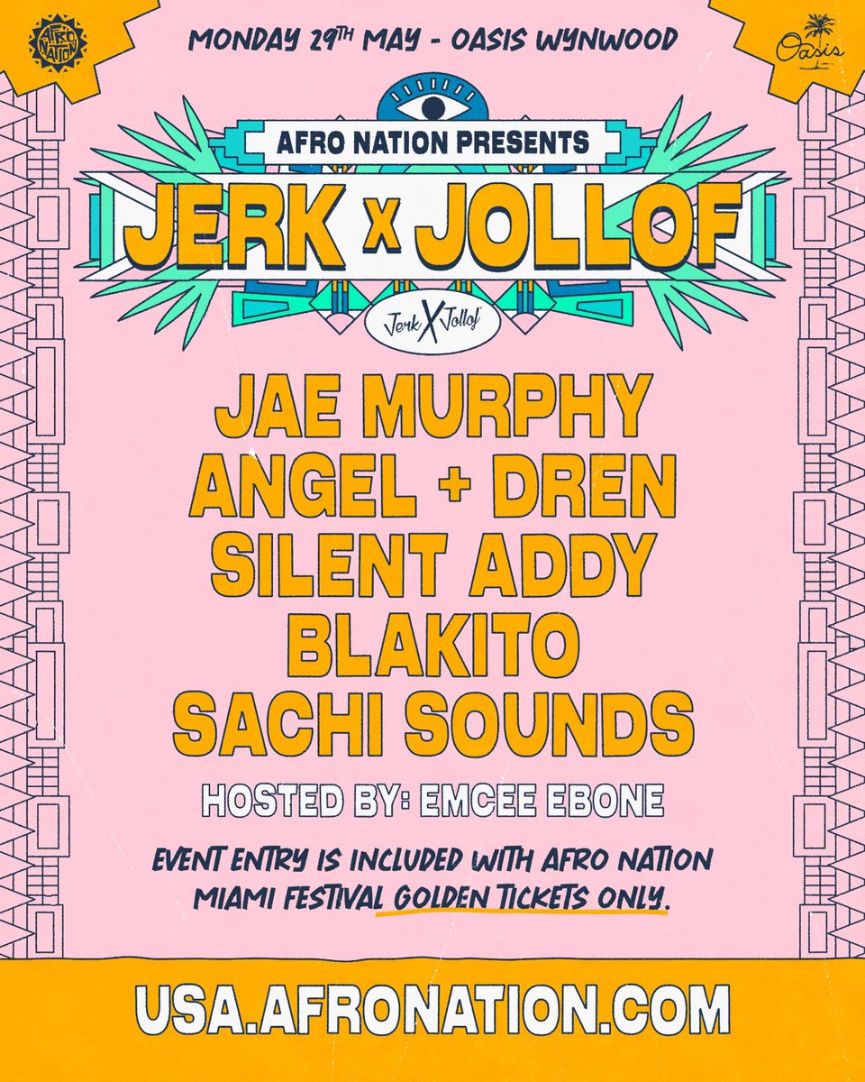 Jerk X Jollof: Miami 🌴

Catch us at Oasis Wynwood on May 29th with <a href="/afronation/">Afro Nation</a> as the official closing party! Vibes from 4-10 PM w/ <a href="/JaeMurphy/">Jae Murphy</a>, <a href="/angelanddren/">angel + dren</a>, <a href="/silentaddy/">ΛDDY</a>, <a href="/DJBlakito/">blakito’s thoughts</a>, <a href="/Sachiana/">Snatchi</a>, &amp; <a href="/EmceeEbone/">Emcee Ebone</a>. Entry included w/ all Golden Tickets ⚡️

Tix: fatso.ma/XCz9
