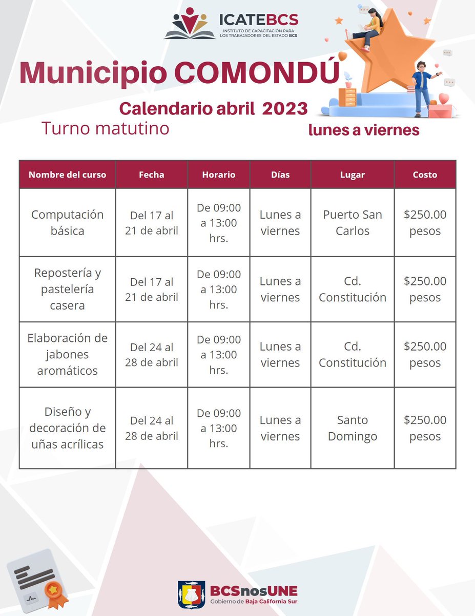 GobBCS's tweet photo. Te presentamos los cursos #ICATEBCS de abril (en #Comondú)
📋Requisitos:
- Mayores de edad: Copias de tu INE y CURP.
- Mayores de 15 años: Copia del CURP del menor, INE de la tutora o tutor y carta responsiva firmada.
1/2 https://t.co/QdJxK2pQXa