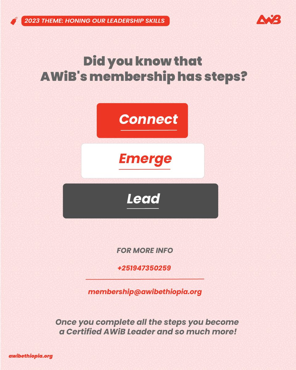 No need to delay
Join AWiB today!

You have several benefits by joining AWiB. Learn more about us by visiting our website awibethiopia.org.

If you have any questions, call us at 0947350259 or email membership@awibethiopia.org