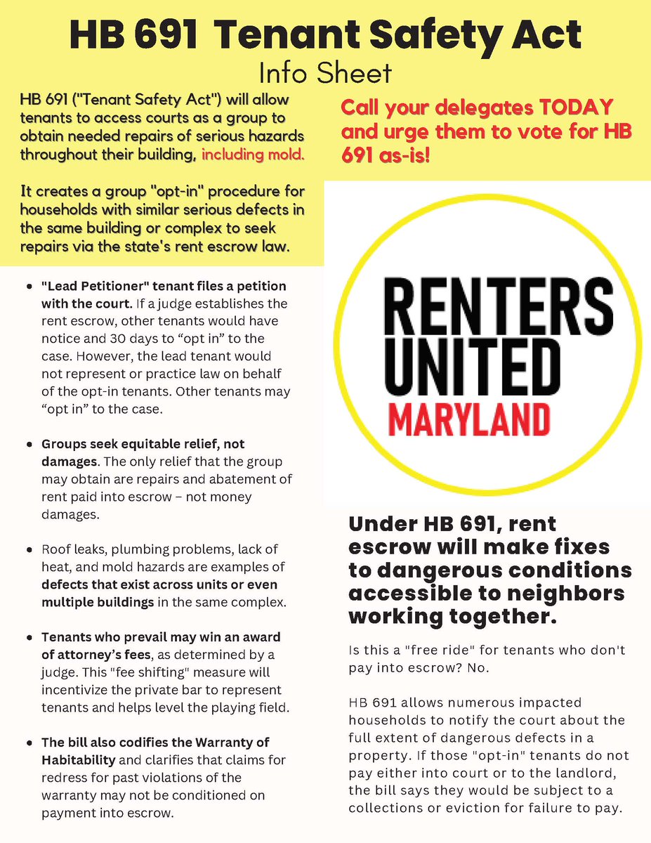 #HB691 Tenant Safety Act has a final House vote TODAY, but we face an aggressive attempt to kill it w/last-minute nonsense

Counting on <a href="/SpeakerAJones/">Speaker Adrienne A. Jones</a> <a href="/KumarBarve/">Kumar Barve</a>  &amp; ALL delegates who stand w/ tenants to demand safe, healthy housing to vote "YES" &amp; hold landlords accountable....