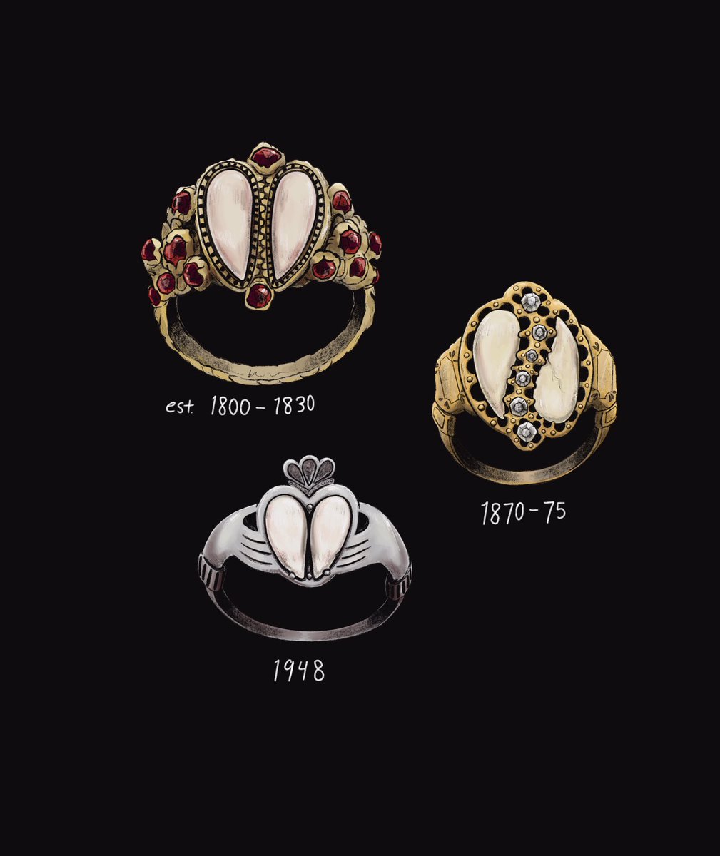 transmisc's tweet photo. “Hunter’s Taunts.” Rings containing the embedded teeth of vampires; both a trophy to signify hunting prowess and a clear declaration of intent to passing vampires and other creatures in the hunter’s jurisdiction. A small collection from the 19th and 20th centuries. https://t.co/QDK7FLfTC0