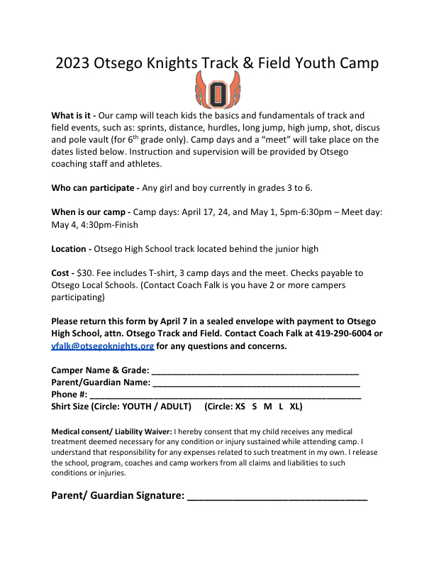 OtsegoKnightsTF's tweet photo. Its finally here. For all current 3rd thru 6th grade Knights! Two options for signup. Google form (pay the first day) or send in the flyer (pay before April 7)

Otsego Knights 2023 Track and Field Youth Camp https://t.co/SaP8zQJQ16 https://t.co/oavzFbn7Sx