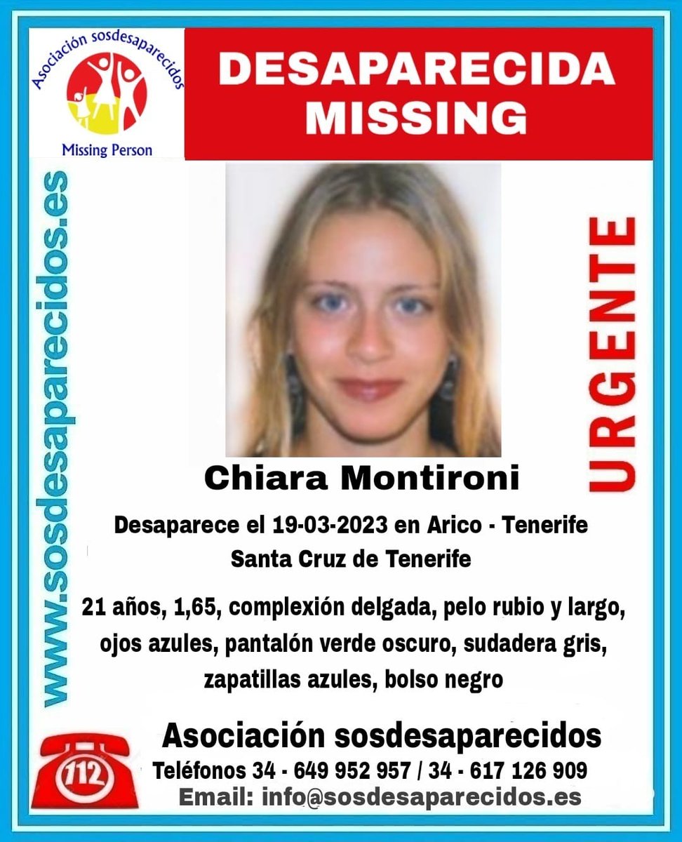 RTVCes's tweet photo. La asociación @sosdesaparecido activa una alerta de búsqueda por la desaparición de Chiara Montironi el pasado 19 de marzo en Arico, #Tenerife 

La joven tiene 21 años, mide 1,65 metros, y es de complexión delgada, pelo rubio y largo y ojos azules https://t.co/thzwW3i8IS