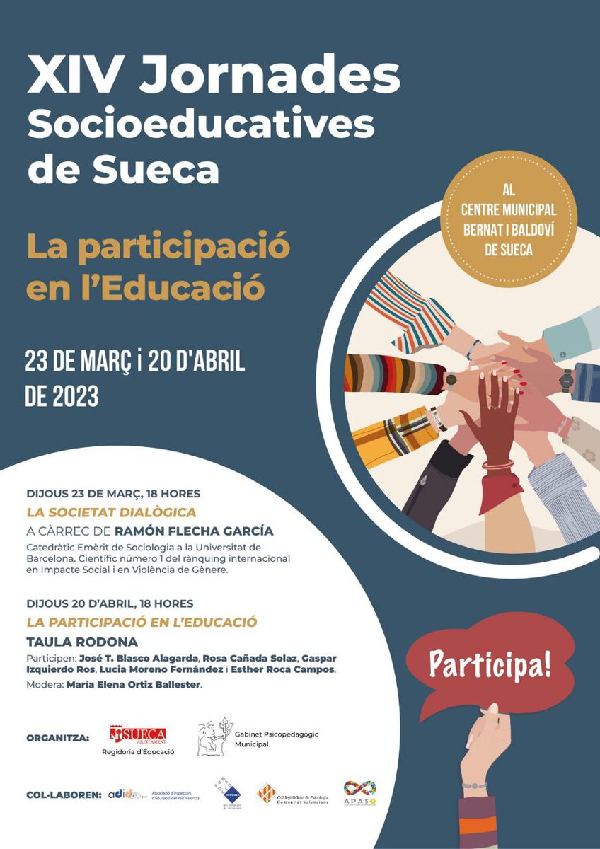 🦋"La Sociedad Dialógica". Este jueves 23 de marzo a las 18.00h conferencia a cargo de Ramón Flecha.
Inscripción: sueca.es/val/pagina-avi…
<a href="/AjuntamentSueca/">Ajuntament de Sueca</a> <a href="/fundaciobromera/">Fundació Bromera per al Foment de la Lectura</a> <a href="/R_Flecha/">Ramón Flecha</a> <a href="/DialogicSociety/">The Dialogic Society</a>