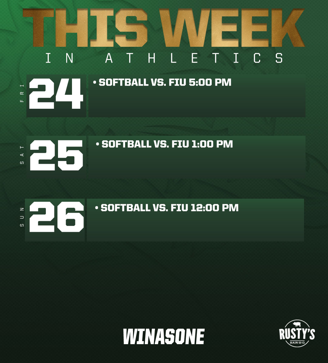 Taking a look at this weeks home events brought to you by @RustysBarBQ. Softball hosts the FIU Panthers for a weekend series at Mary Bowers! #WinAsOne