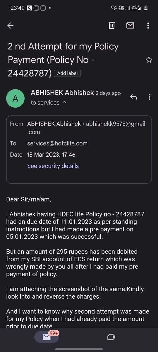 ak007king's tweet photo. @HDFCLIFE @HDFCBank_Cares till now there has been no response of my mail if which I have been debited of 295 rupees as a ECS Return charge, when I had already paid the amount for renewal of my policy before due date.All guys please don't buy any policy from them.
#hdfcischeat https://t.co/73WpaSmsuG