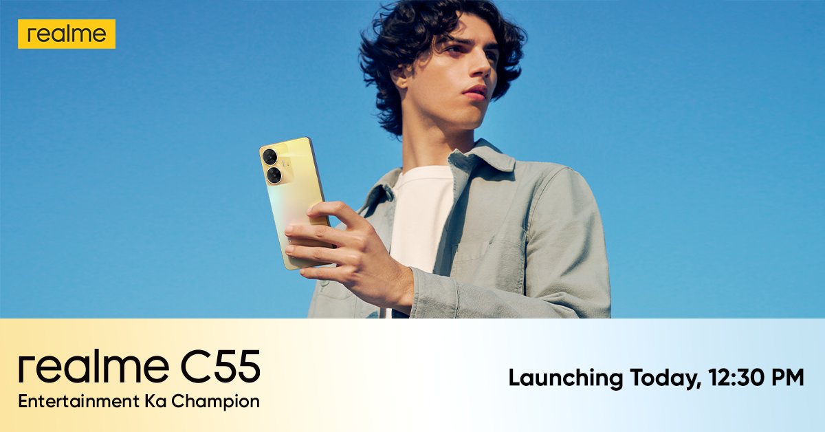 realmeIndia's tweet photo. Hold on to your breaths, the #EntertainmentKaChampion is coming today! Gear up for the launch of the #realmeC55, today at 12:30 PM.

Join the live stream: https://t.co/1gY8Bn2NtA https://t.co/3OzM4uYhVF