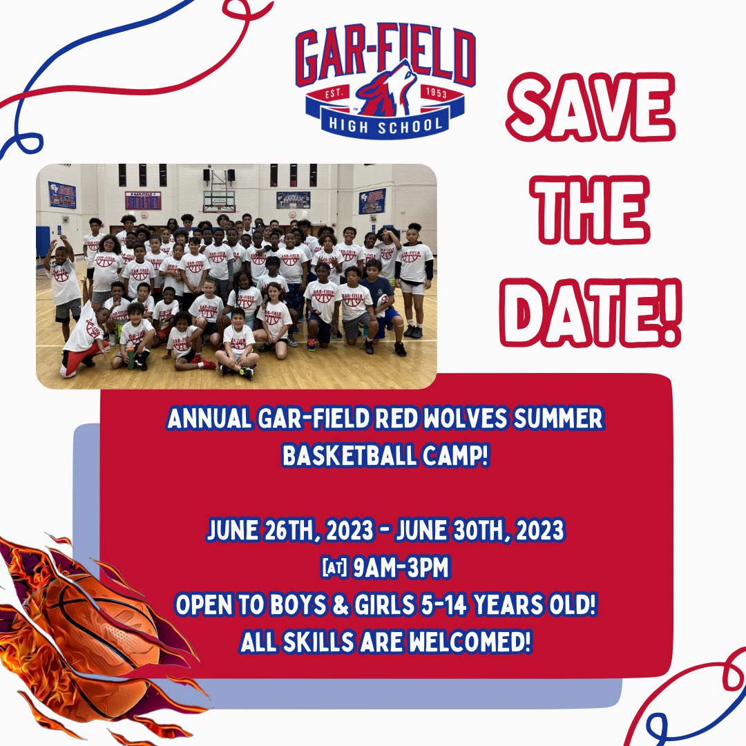 GFHSBoysBball's tweet photo. SAVE THE DATE!!! 🤩 Our annual summer basketball camp returns this June for all children ages 5-14! More details to follow but, mark your calendars now! 🏀❤️🔥 #GFStrong https://t.co/20mskBlVye