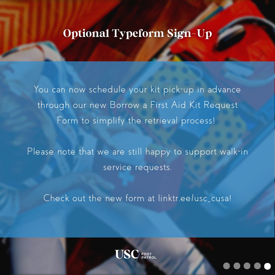 usc_cusa's tweet photo. It's here! We're happy to share that we've completed our Borrow a First Aid Kit service revamp by increasing the number of available kits, upgrading the Small and Car kits, and modernizing the inventory list and sign out process. https://t.co/AwWAMW3rOP