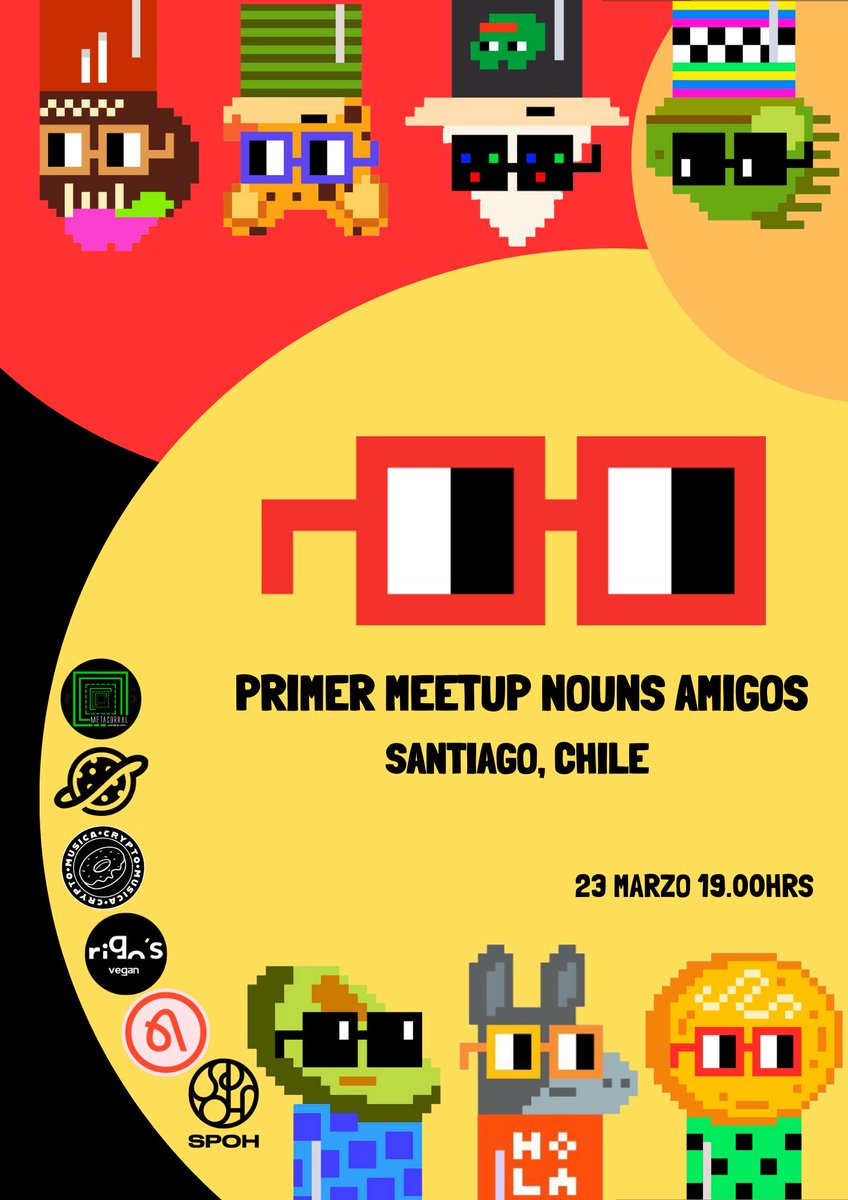 Nos quedan algunos cupos para este primer Meet up de <a href="/NounsDAOAmigos/">Nouns Amigos</a> en Santiago-Chile. 
Si quieres asistir , envíanos un DM con tu mail. 
Conversaremos sobre Nouns y todas las posibilidades de gestión ,creación de proyectos culturales, artísticos e innovadores en web3 ⌐◨-◨