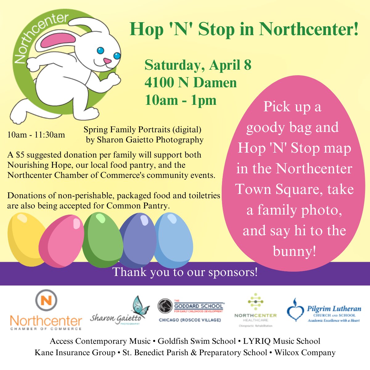 Our first community event of the year is coming up fast! Our annual Hop 'N' Stop event will be taking place on Saturday, April 8th from 10am-1pm. Get ready to pick up a goody bag and Hop 'N' Stop map in the Northcenter Town Square, take a family photo, and say hi to the bunny!