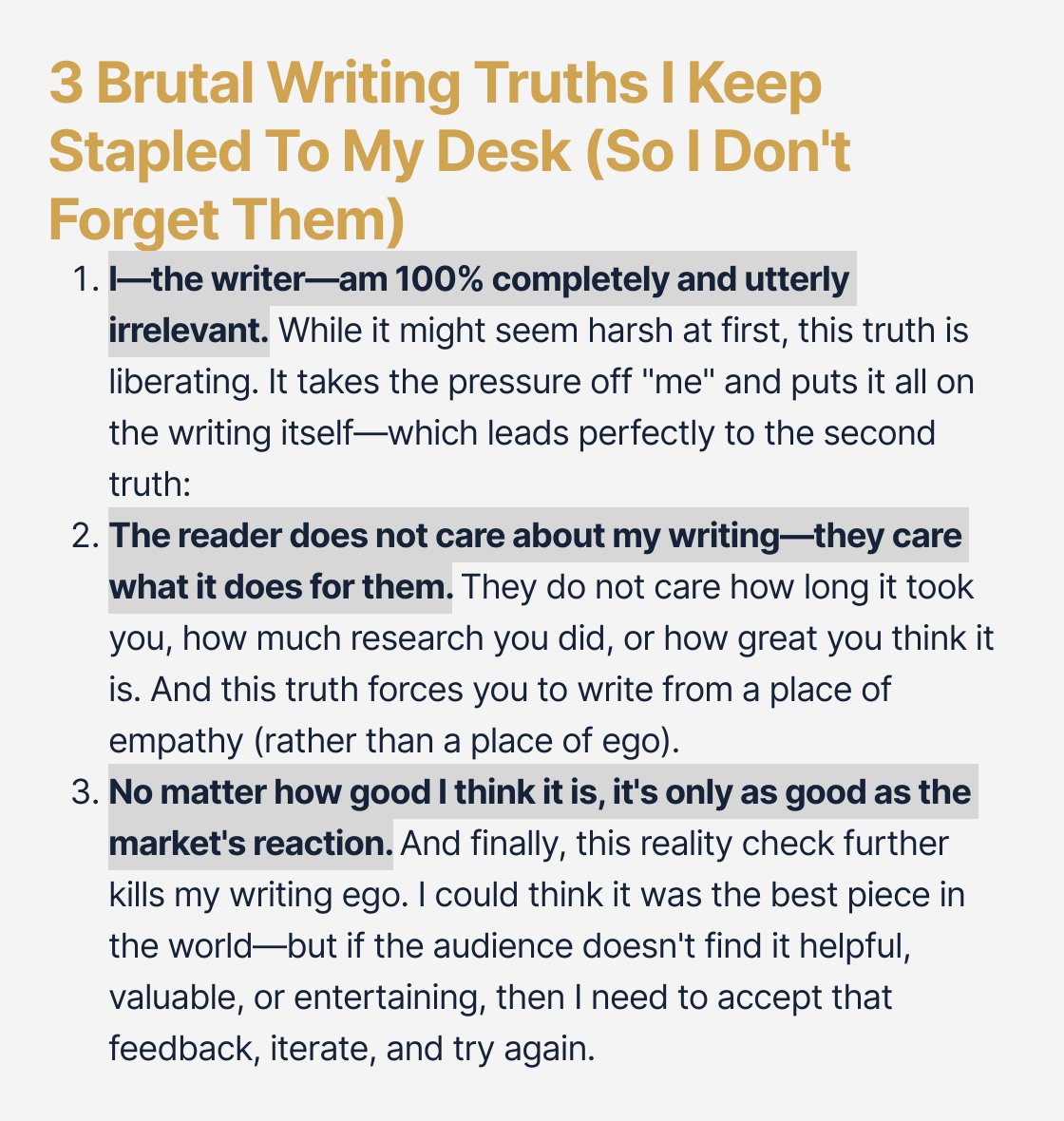 dickiebush's tweet image. 3 Brutal Writing Truths I Keep Stapled To My Desk (So I Don't Forget Them):