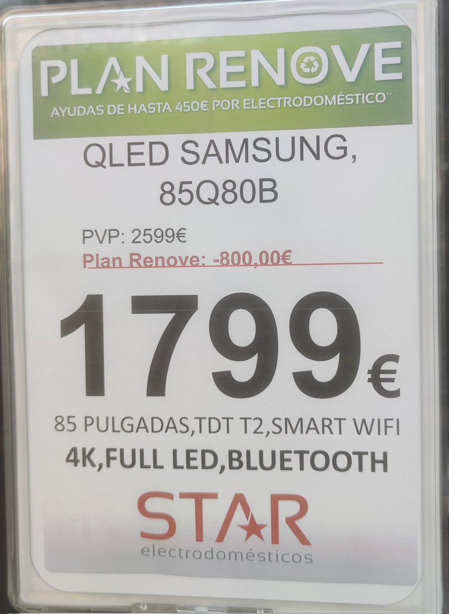 xaviervence's tweet photo. Cando as axudas "verdes" promoven o consumismo...dos moi ricos: para un TV 85" de 2599€ !!! #planrenove #efectorebote https://t.co/bvOhvflMzl