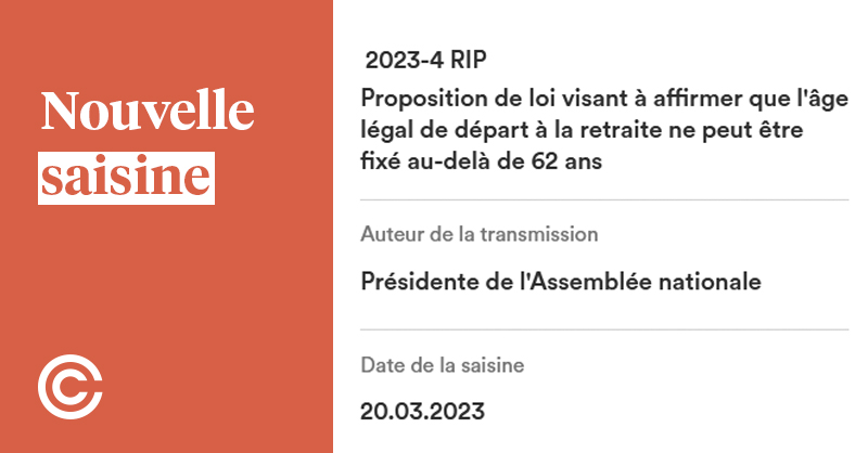 Conseil_constit's tweet photo. Saisine n° 2023-4 RIP du 20 mars 2023
Proposition de loi visant à affirmer que l'âge légal de départ à la retraite ne peut être fixé au-delà de 62 ans
➡️ https://t.co/0OxP77mL9r https://t.co/8UXOTLEtJn