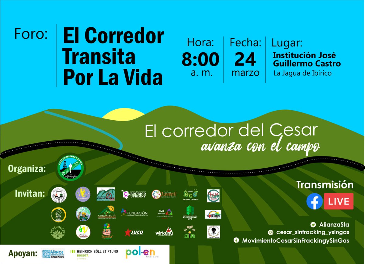 AlianzaSta's tweet photo. 🫂A prepararse para la Transición el #Cesar:no hay otro camino.Que sea #Justa💚,es nuestra exigencia;que sea Participativa💜 y Comunitaria🤜🤛,nuestra esperanza.@NoFrackingEnCol
@CensatAguaViva @CiderUniandes
#CesarSinFracking #SinGasenMantosdeCarbon
#ElCorredorTransitaPorLaVida https://t.co/Mkqe4k2pmw