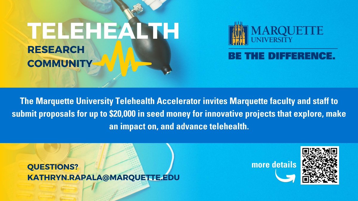The Marquette University Telehealth Accelerator invites Marquette faculty and staff to submit proposals for up to $20,000 in seed money for innovative projects that explore, make an impact on, and advance telehealth. For more information, visit: marquette.edu/innovation/tel…