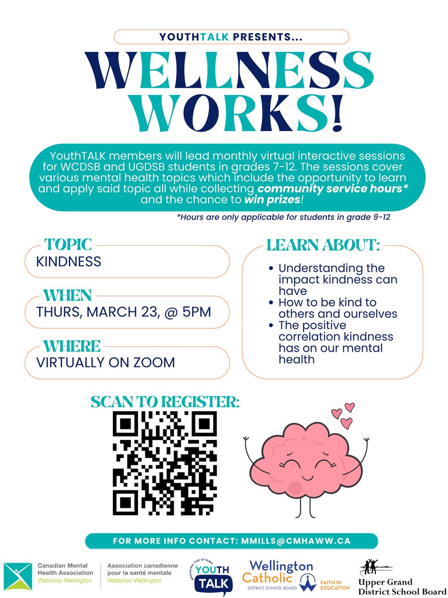 ugdsb's tweet photo. Reminder: YouthTalk and the UG's Wellness Works team presents a virtual interactive seminar on this month's theme: kindness. The seminar takes place on March 23 at 7 PM. Scan the QR code below to register. https://t.co/arp4fqU6rp