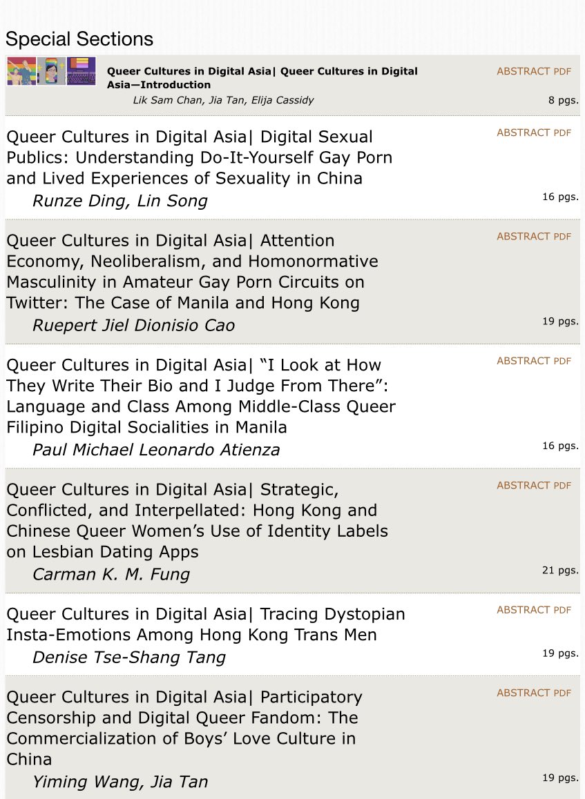 1/2 Live Now on <a href="/IJoC_USC/">International Journal of Communication</a> is a special section on #Queer Cultures in #DigitalAsia with a contribution from me on language &amp; class among gay Filipino men in Manila. Grateful to be part of this project. Sending my appreciation to the co-editors, reviewers, &amp; journal.