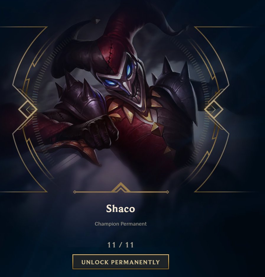 Ginshuto's tweet photo. @RiotSupportFR Pitié sauvez moi, je n'ai pas eu le choix, j'ai été forcé de débloquer Shaco avec ma capsule prime, je ne veux pas de ce champion du démon sur mon compte, enlevez le s'il vous plaît https://t.co/t7j6G0JziF