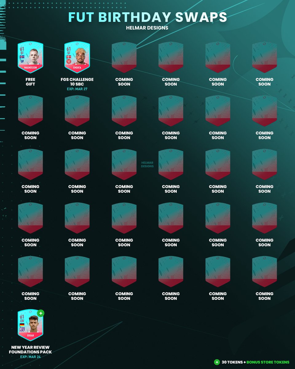 🔍 FUT Birthday Swaps Tracker 🎂

ℹ️ There'll be 30 Tokens plus bonus Store Tokens

ℹ️ The Rewards SBCs will be live from March 27th

🔄 Token 1: Free Gift
🔄 Token 2: FGS Challenge 10 SBC

➕ Bonus Token 1: New Year Review Foundations Pack (90k/500FP)

#FIFA23