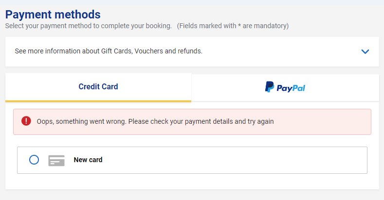 Je imel pri plačilu letalskih vozovnic na Ryanairovi spletni strani še kdo težave? Petkrat sem vtipkala podatke ene kartice in nato poskusila še z drugo, vendar se je vsakič prikazalo naslednje obvestilo ⬇️