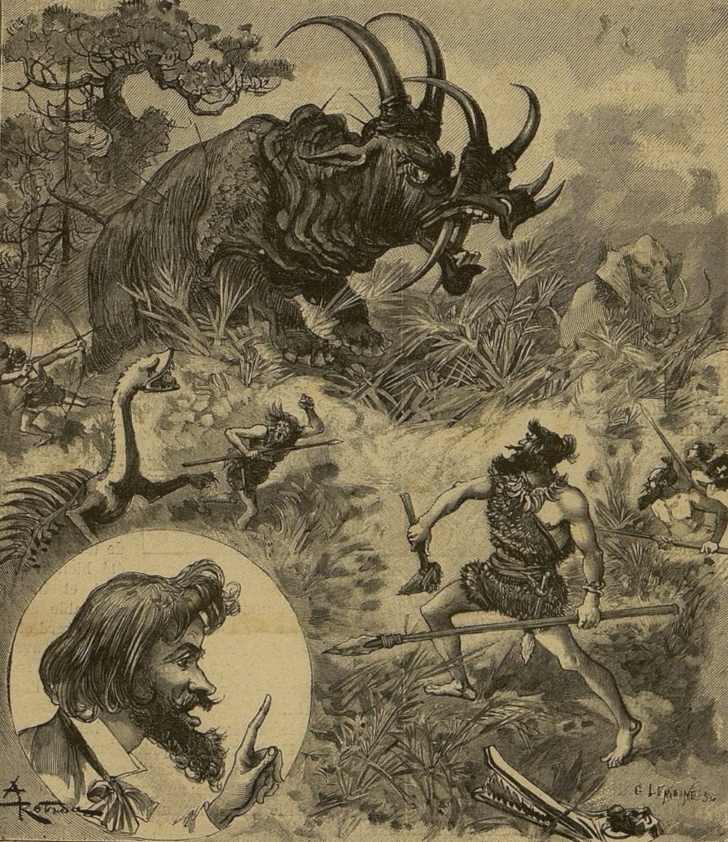 TylerGreenfieId's tweet photo. Illustration of a Cope-style horned uintathere from an 1890 French newspaper. https://t.co/cRbEaDDUFz