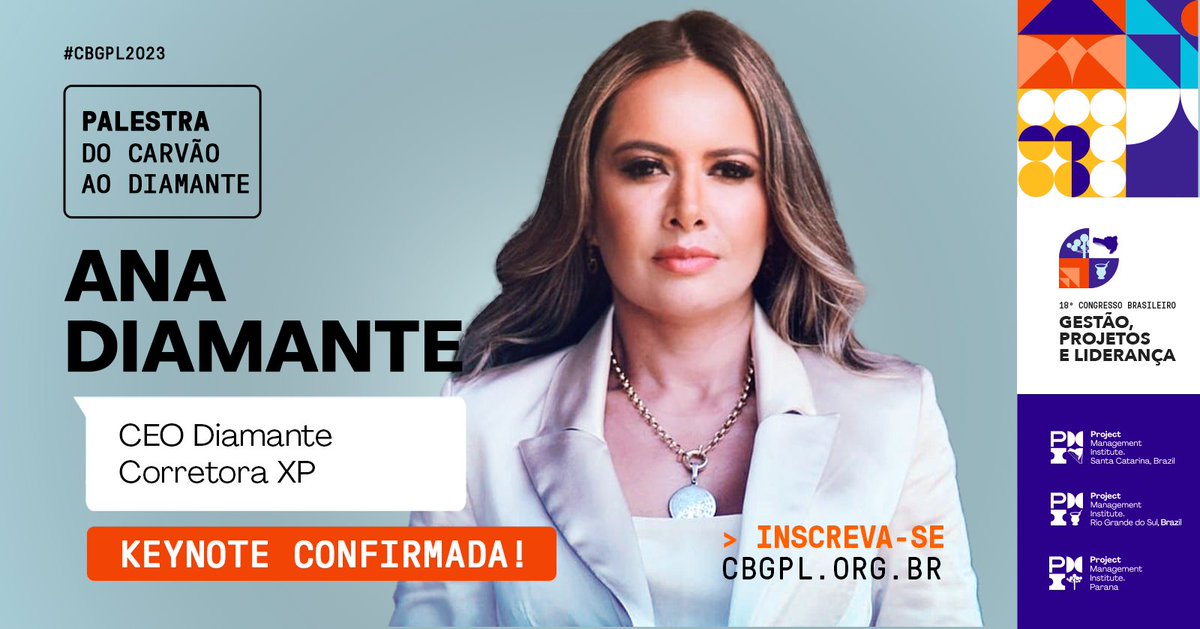cbgpl_pmi's tweet photo. 🔔Keynote confirmada! E ela vai te ensinar muito sobre resultados e performance com times! Ana Diamante, CEO da Diamante Corretora XP, estará no CBGPL 2023!

👉 INSCREVA-SE https://t.co/PURacVKjdN  

#cbgpl #gestao #projetos #lideranca #pmi #pmirs #pmisc #pmipr #anadiamante https://t.co/ZvYTkDvGXC