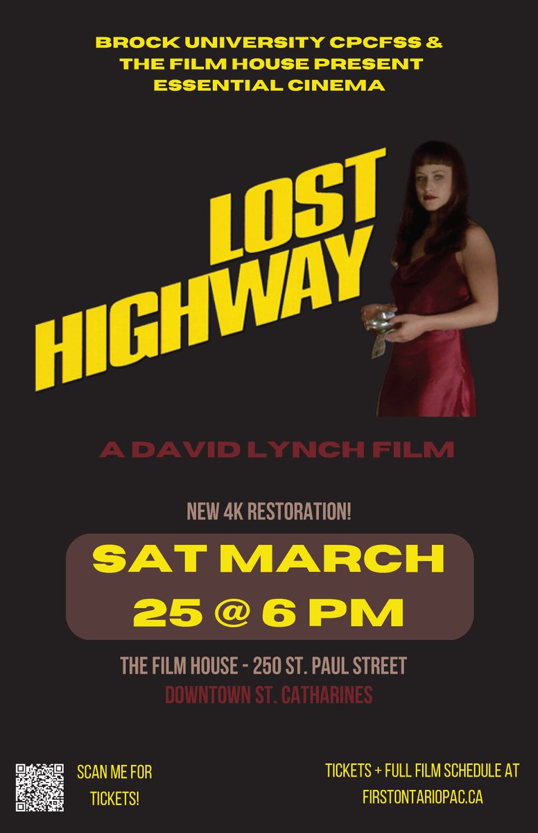 Brock Social Science (@brockufoss) on Twitter photo Essential Cinema is back 🎟️🍿 Sat. March 25, 6pm <a href="/FilmHousePAC/">The Film House</a> with a screening of David Lynch's utterly mesmerizing neo-Noir psychological thriller Lost Highway (1997), focused on the rot, corruption and danger that lurks beneath the glitz + glamour of LA.
<a href="/CPCFSS/">CPCF Student Society</a> <a href="/BrockCPCF/">Brock CPCF</a> Essential Cinema is back 🎟️🍿 Sat. March 25, 6pm <a href="/FilmHousePAC/">The Film House</a> with a screening of David Lynch's utterly mesmerizing neo-Noir psychological thriller Lost Highway (1997), focused on the rot, corruption and danger that lurks beneath the glitz + glamour of LA.
<a href="/CPCFSS/">CPCF Student Society</a> <a href="/BrockCPCF/">Brock CPCF</a>