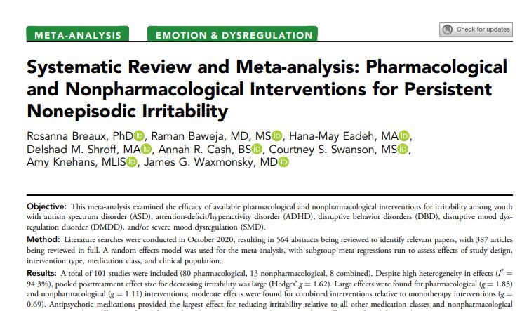 JAACAP's tweet photo. #JAACAP #metaanalysis finds large effects for reduced irritability using pharmacological &amp; nonpharmacological interventions for youth with #autism, #ADHD, disruptive behaviors, &amp; severe #mooddysregulation. @CALMERLab @PSHResearch @HMayEadeh @drramanbaweja https://t.co/8IlixfL0xU https://t.co/fysZohjJE9