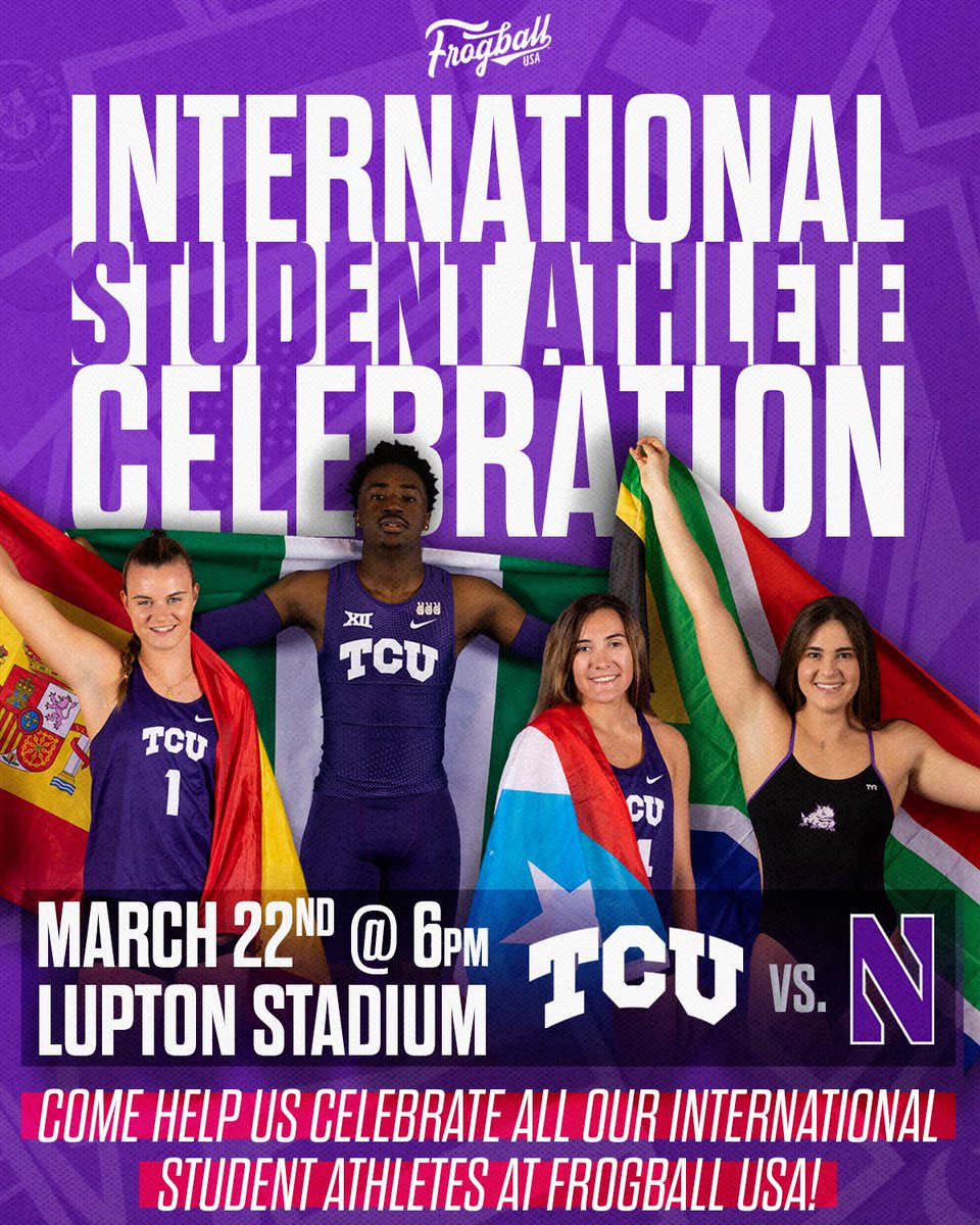 Join us for a special night at Frogball this Wednesday! It’s International Student Athlete night and we can’t wait to celebrate our student athletes from all over the globe who have chosen TCU as their home🌏‼️