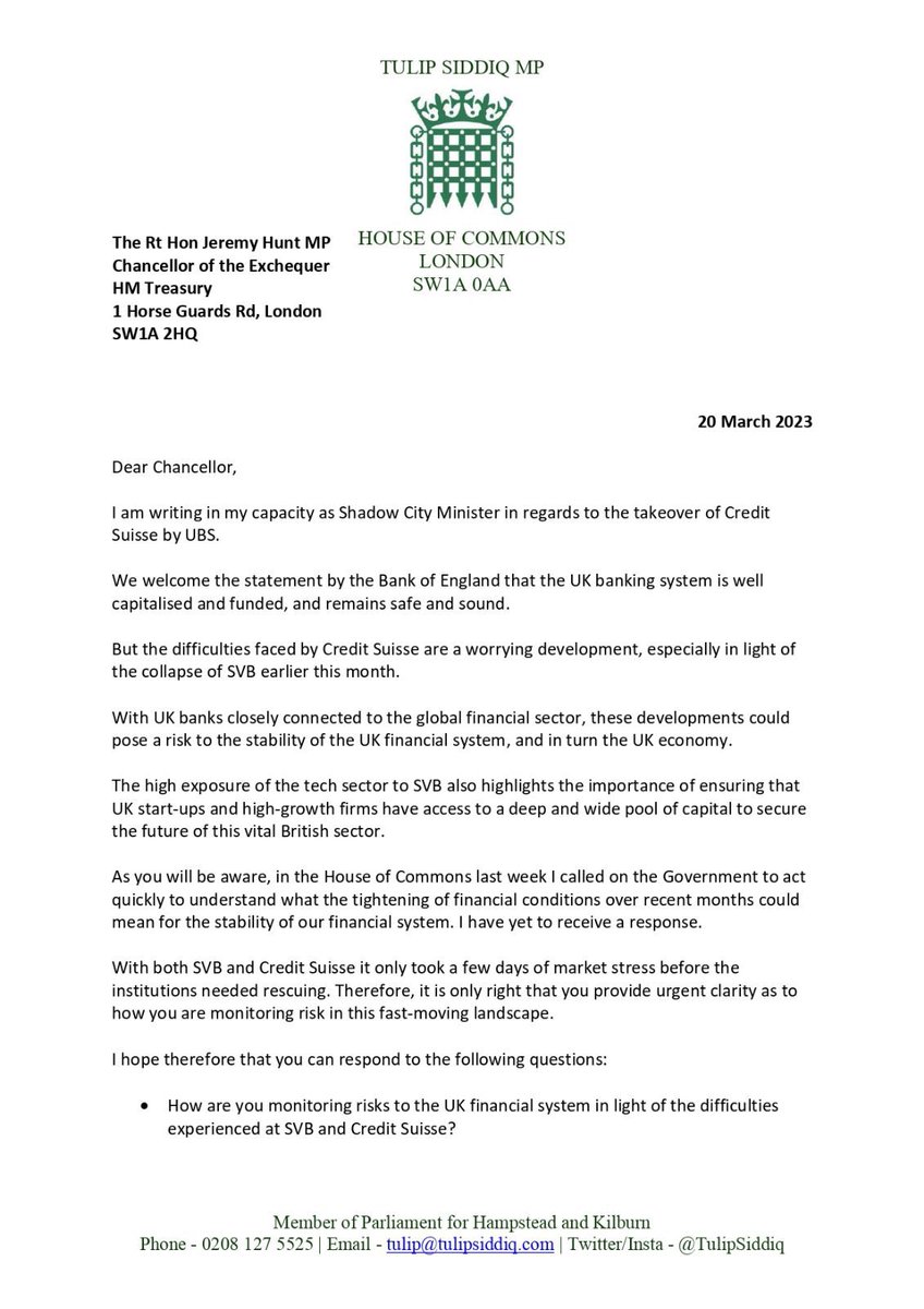 TulipSiddiq's tweet photo. I have written to the Chancellor in light of the recent difficulties at SVB and Credit Suisse. 

Labour is calling on the Government to proactively review what sharp interest rate rises and wider uncertainty in the global banking system mean for our financial sector and economy. https://t.co/jpsYhYPVLU