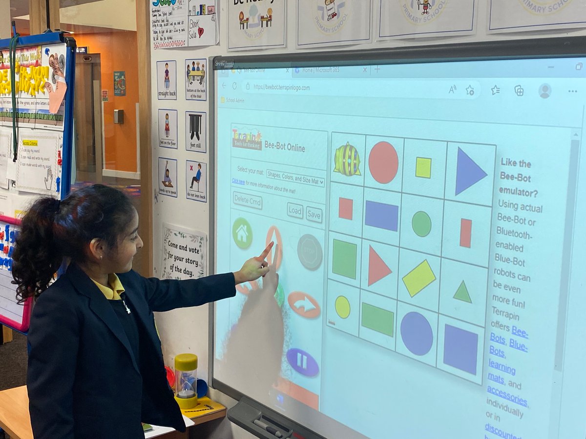 In Maths Primary 1 are learning about Position &amp; Movement. After giving and following instructions with each other, they then programmed directions to an online robot. 
#maths #technologies