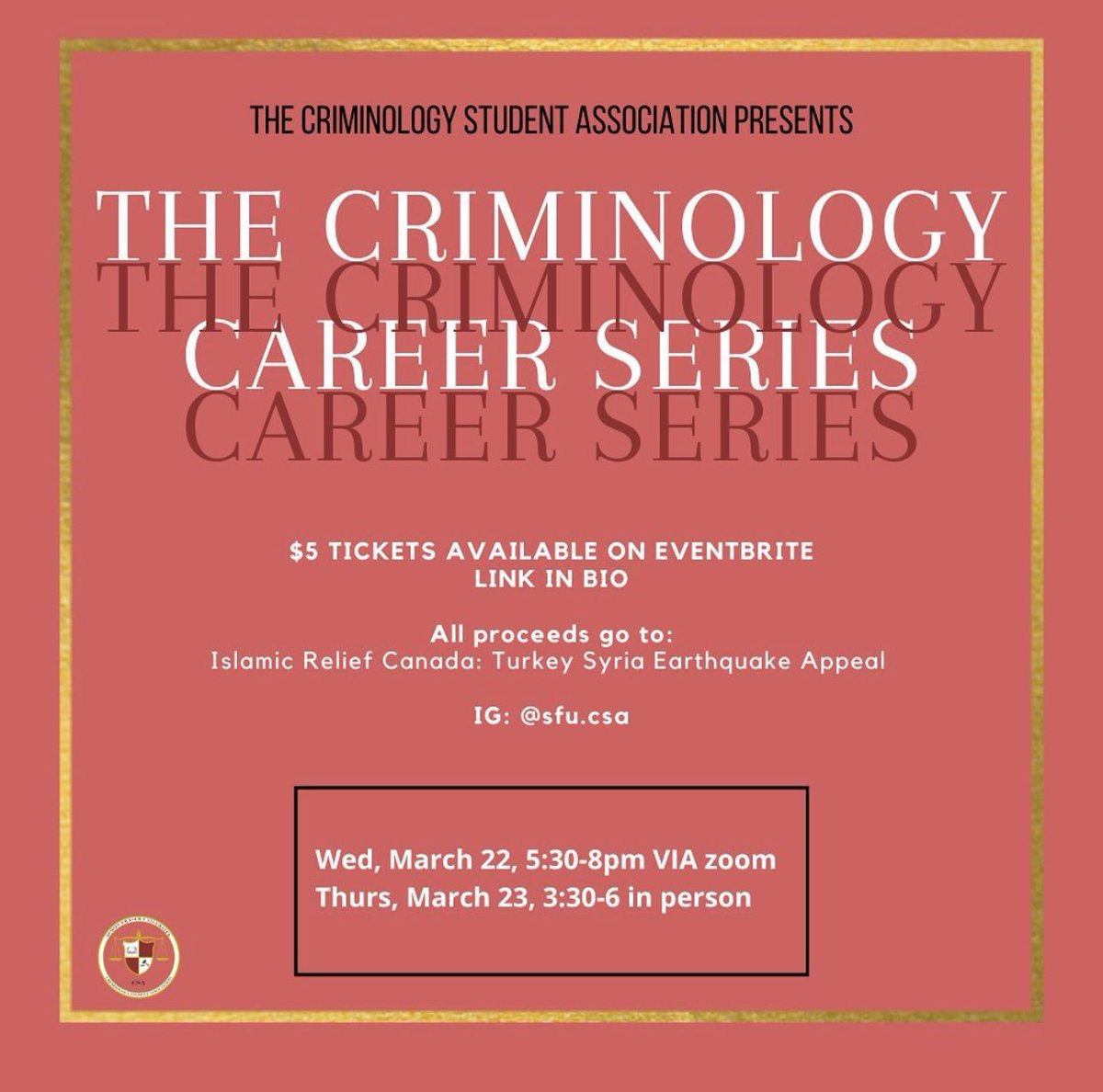 🎟️ Tickets are now on sale for our next Criminology Career Series! 
This is an amazing event for criminology students to find out what their interests are and learn about various professions in criminology.

Open to all criminology students !! Purchase tickets now — link in bio.