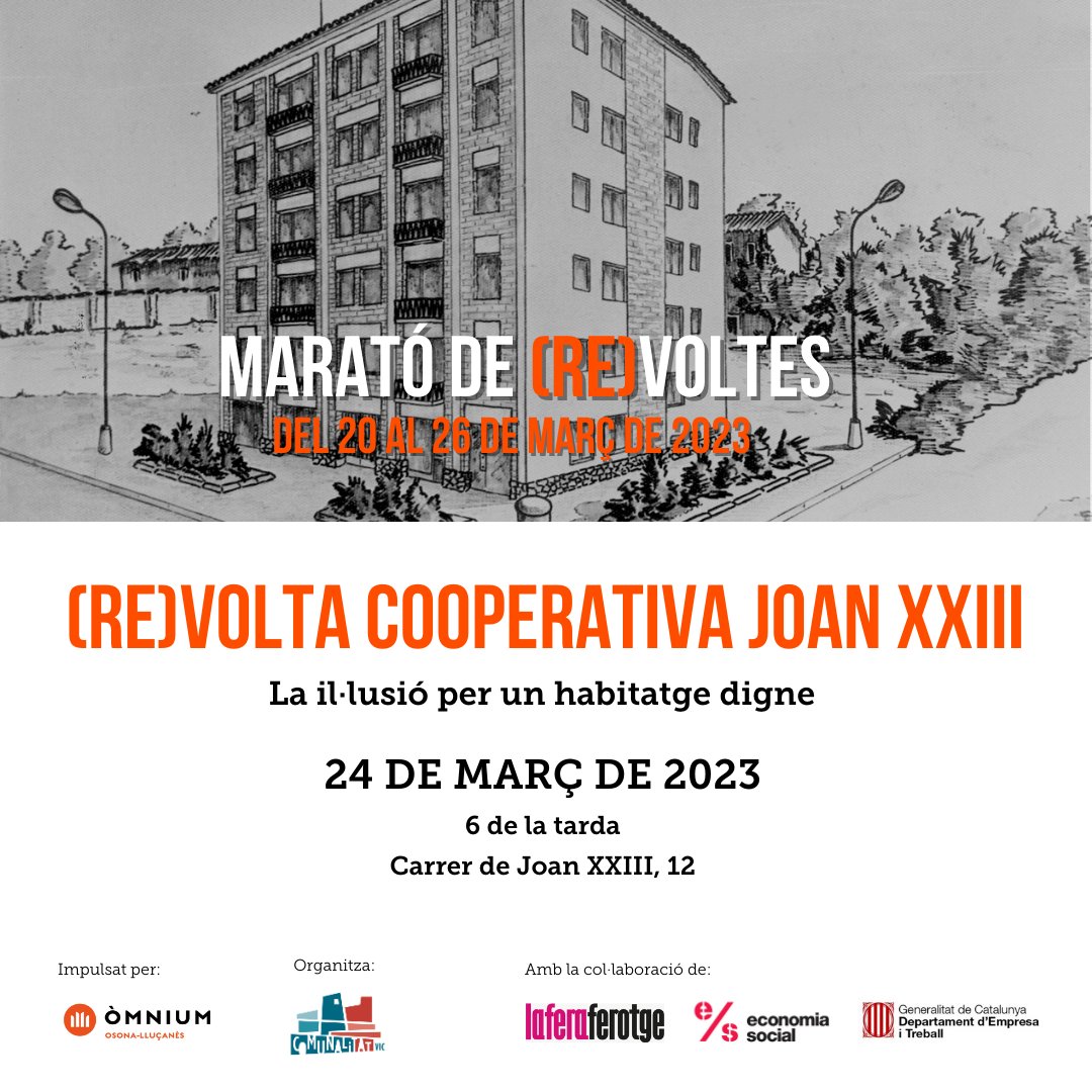 ComunalitatVic's tweet photo. ✨ Ens afegim a la Marató de #ReVoltes d'@Omnium
➡️ Ho fem fent memòria de la (Re)Volta cooperativa dels pisos Joan XXIII
👉 Divendres, a partir de les 18h. Sortim del carrer Joan XXIII, núm. 12, on començarem una passejada guiada. I a les 19h, taula rodona a La Reciclària https://t.co/XXwi4Egdzu