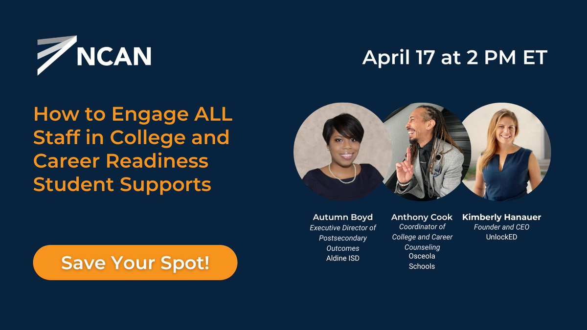NCANetwork's tweet photo. #NCANSpringTraining is happening next month! ⚾🌸 In case you didn't know, FREE #webinars are happening every day between April 17-21. Be sure to register for the first one which discusses how everyone can support a student in college and career readiness: https://t.co/NiLB0z0D4I https://t.co/YTVEWCOcN0