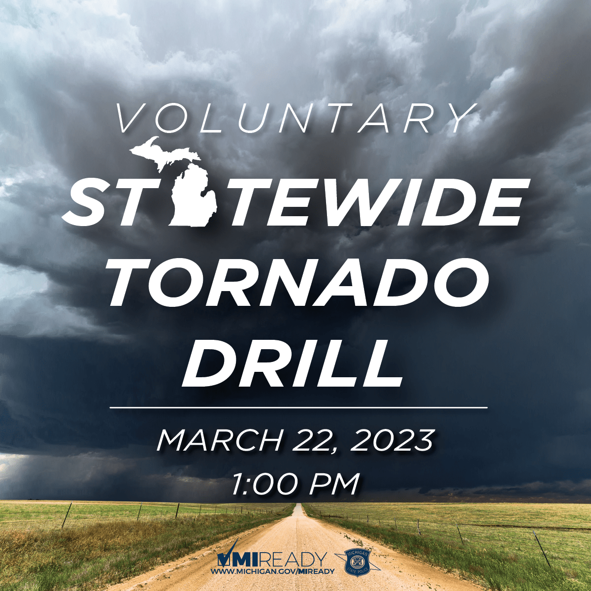 msupolice's tweet photo. REMINDER: Michigan's Statewide Tornado Drill takes place today (3/22) at 1 p.m. This is ONLY a drill. 🚨 

#mitornadodrill #MIREADY @MichStatePolice https://t.co/wearGGt4Eh