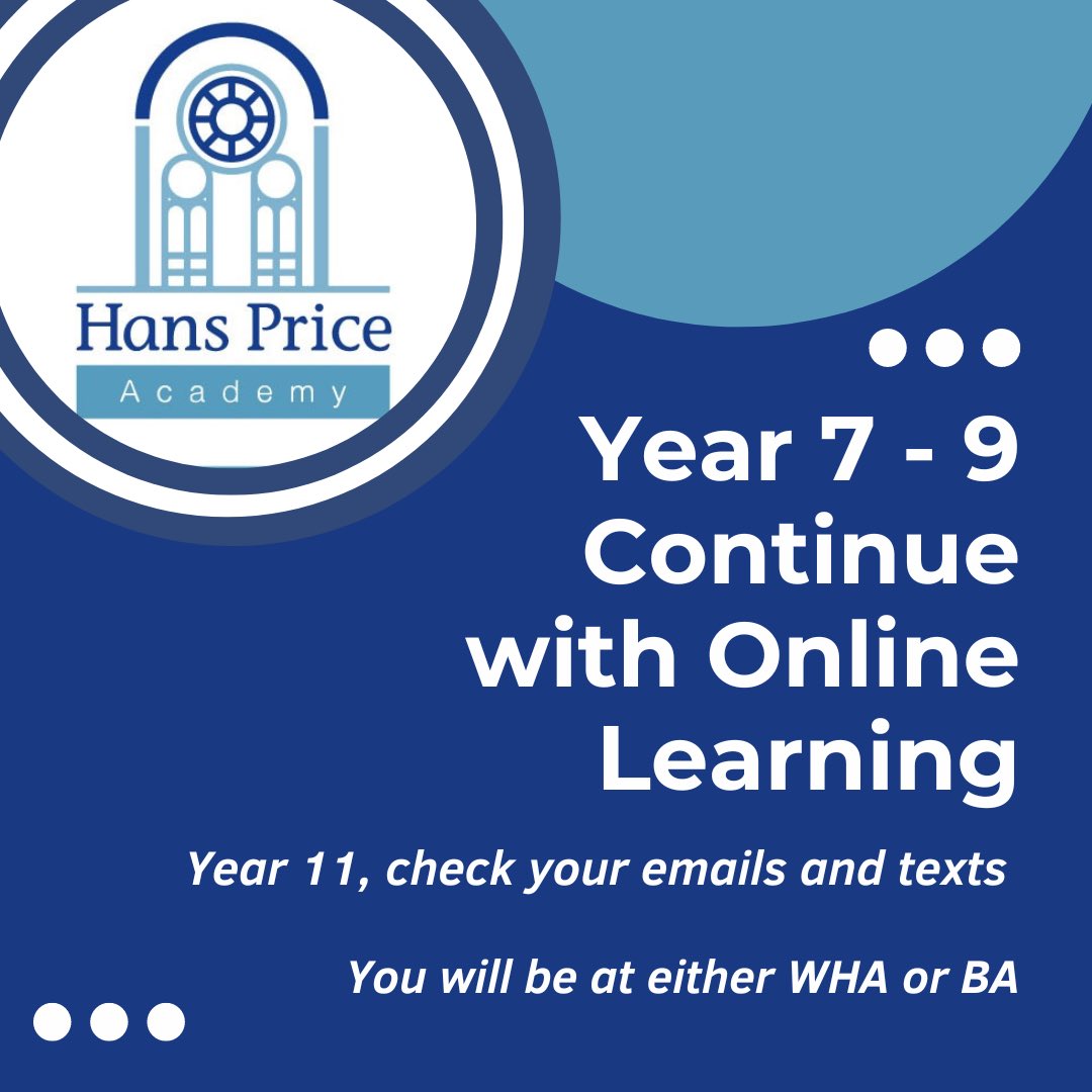 Years 7-9, please continue with online learning tomorrow. Year 11s, please check emails and texts for further details. 

Please see link to letter below ⬇️

hanspriceacademy.clf.uk/letters/school…