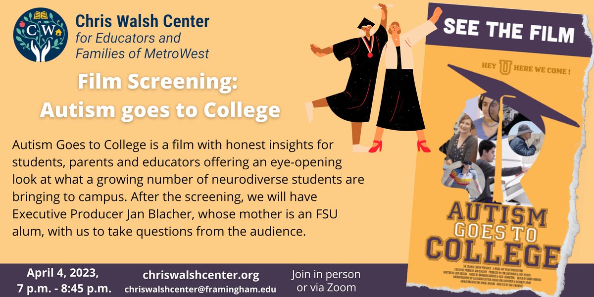 cwalshcenter's tweet photo. Sign up now for the film screening of “Autism Goes to College”!

Join us in person or via Zoom on April 4th from 7 p.m. to 8:45 p.m.

(Film trailer https://t.co/JsVkrjHHx4….)

Register: https://t.co/Ued23FegNr

#autismgoestocollege #autismawareness #filmscreening #QA https://t.co/y3Wwt0FZK2