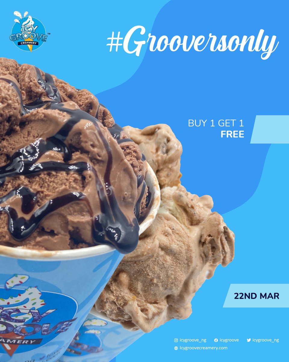 IcyGroove_ng's tweet photo. Hello Groovers! #Grooversonly is back this week.
Buy One cup Of your favorite ice cream combo and get another Cup FREE
Available @
❄️Hollygroove PH
❄️Groovebumps Owerri
#icecream #icygroove #gelato https://t.co/oJiEFwLWil