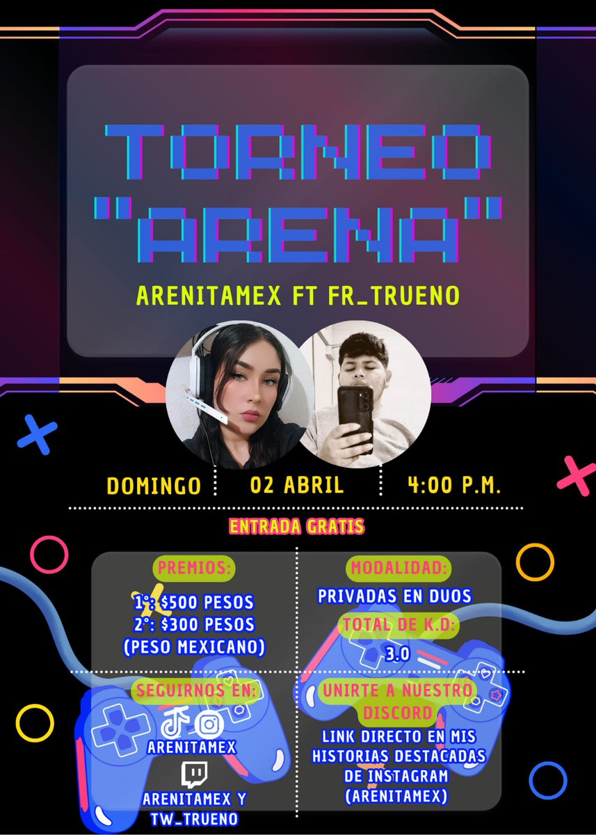 TTVArenitaMEX's tweet photo. 🏆 NUEVO TORNEO 🏆
ENTRA A DISCORD PARA OBTENER TODA LA INFORMACIÓN.
https://t.co/y0owGTlVVG
‼️ULTIMO DÍA DE REGISTRO 28 DE MARZO‼️ @empire_esportsx
#Torneowarzone #TorneoCOD #MWII https://t.co/3nGIh4xJhM